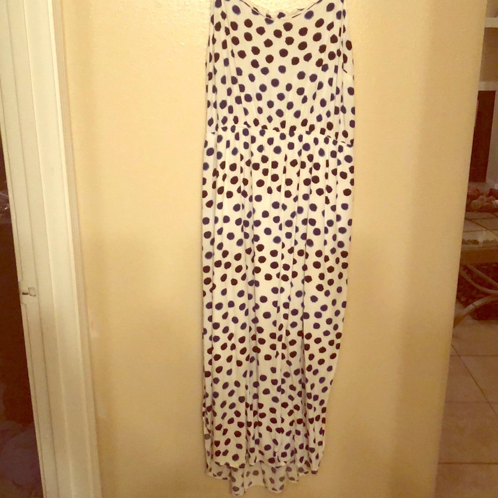 White sundress with blue/purple polka dots